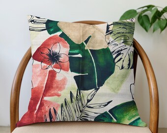 Linen Palm Pillow Cover - Pink and Green