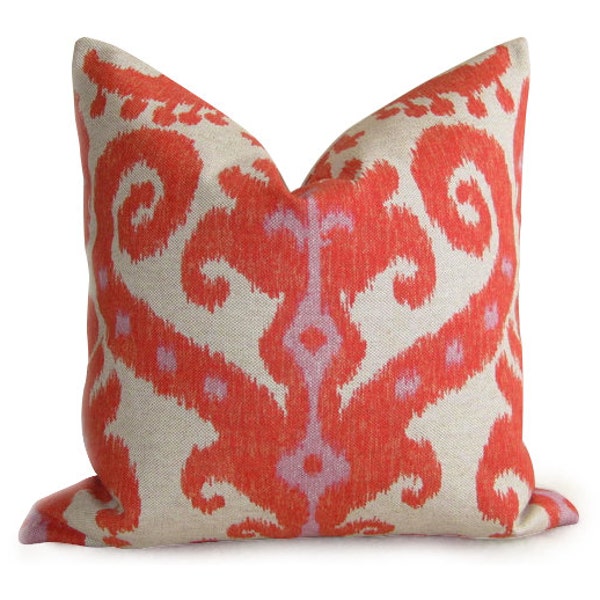 Ikat Designer Linen Pillow Cover - 18x18 pollici - Orange Red Coral - Chiusura con cerniera - Cuscino decorativo - Cuscino da tiro - Cuscino arancione