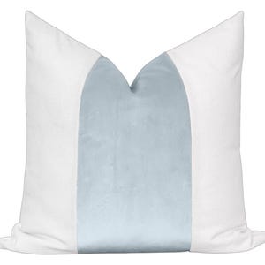 Spa Blue Velvet Pillow Cover – Soft Textured White Linen Accent – Light Blue Throw Cushion Slip – Panel Design Home Decor