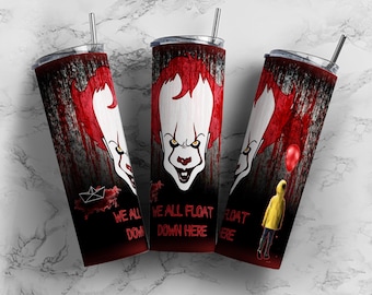 May include: Three stainless steel tumblers with a horror theme. Each tumbler features a red and white clown face with red hair, and the text "WE ALL FLOAT DOWN HERE". One tumbler has a red balloon and a figure in a yellow raincoat.