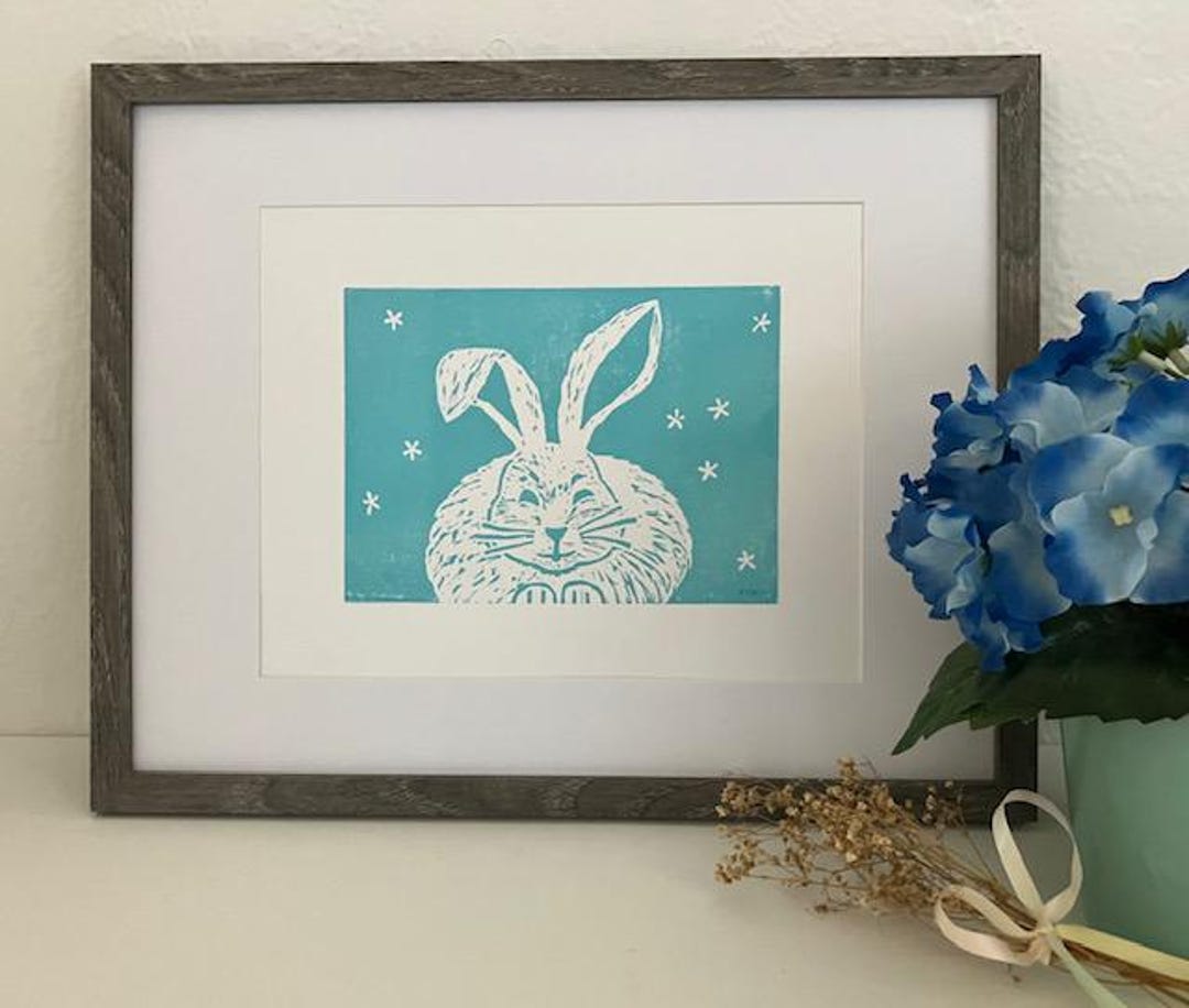 Aqua Bunny Hand-printed Art Print (digital Download) 5 X 7 and 8 X 10 ...