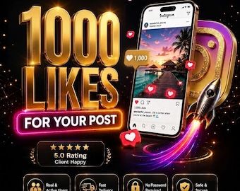Può includere: Un grafico digitale con testo 3D dorato che recita 1000 LIKES FOR YOUR POST. Uno smartphone mostra un feed Instagram con una foto di spiaggia, icone a forma di cuore e un razzo. Sotto, una valutazione di 5,0 e quattro icone rettangolari.