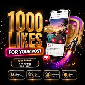 Puede incluir: Un gráfico digital con texto 3D dorado grande que dice 1000 LIKES FOR YOUR POST. Un teléfono inteligente muestra un feed de Instagram con una foto de playa, corazones y un cohete. Debajo, una calificación de 5.0 y cuatro iconos de servicios.