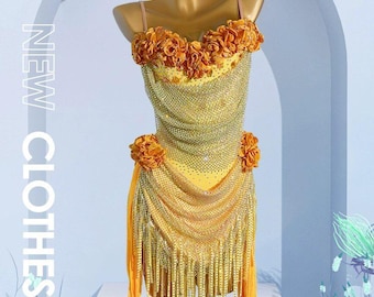 Gold Sequin Latin Dance Dress: AB Stones & Stone Fringe