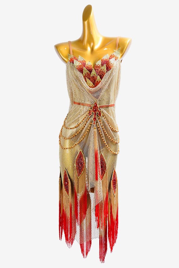 Gold Crystal Fishnet Latin Dress with Red & Fleshtone Fringes