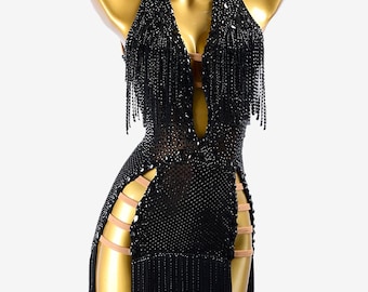 Vestido latino de malla negra personalizado / Enagua de rejilla de cristal, flecos con cuentas y pedrería.