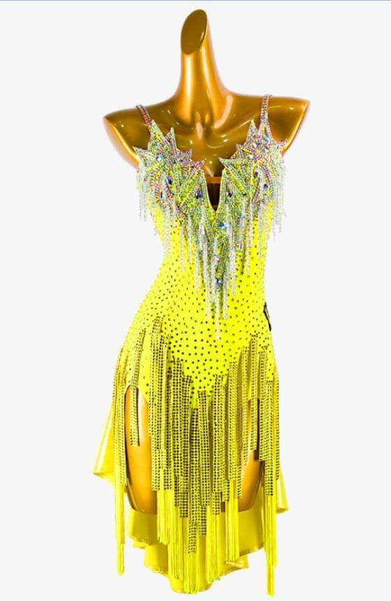 Yellow Lustre Lycra Latin Dress | Backless Dance Dress With Stone & Beaded  Fringes - Etsy