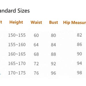 Puede incluir: Una tabla blanca titulada "Tallas est&aacute;ndar" con medidas de tallas. La tabla incluye las tallas S, M, L, XL y XXL, con las medidas correspondientes de altura, cintura, busto y cadera en cent&iacute;metros.