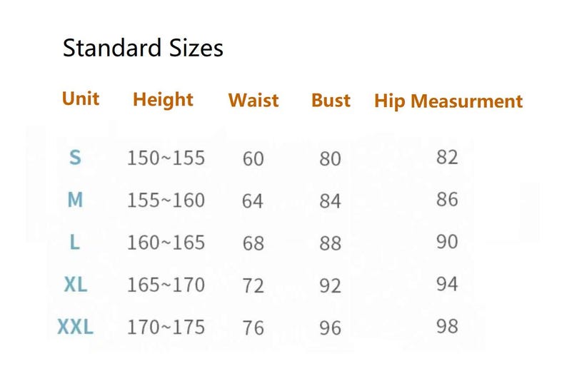 Puede incluir: Una tabla blanca titulada "Tallas est&aacute;ndar" con medidas de tallas. La tabla incluye las tallas S, M, L, XL y XXL, con las medidas correspondientes de altura, cintura, busto y cadera en cent&iacute;metros.