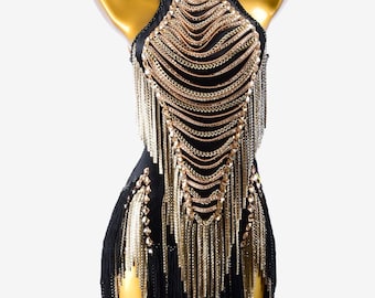 black dress with gold chains meme Black One Shoulder Maxi Dress