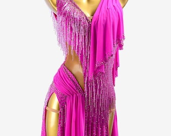 Magenta rose mesh draping & ruching Latin dress with beaded fringes, rhinestones