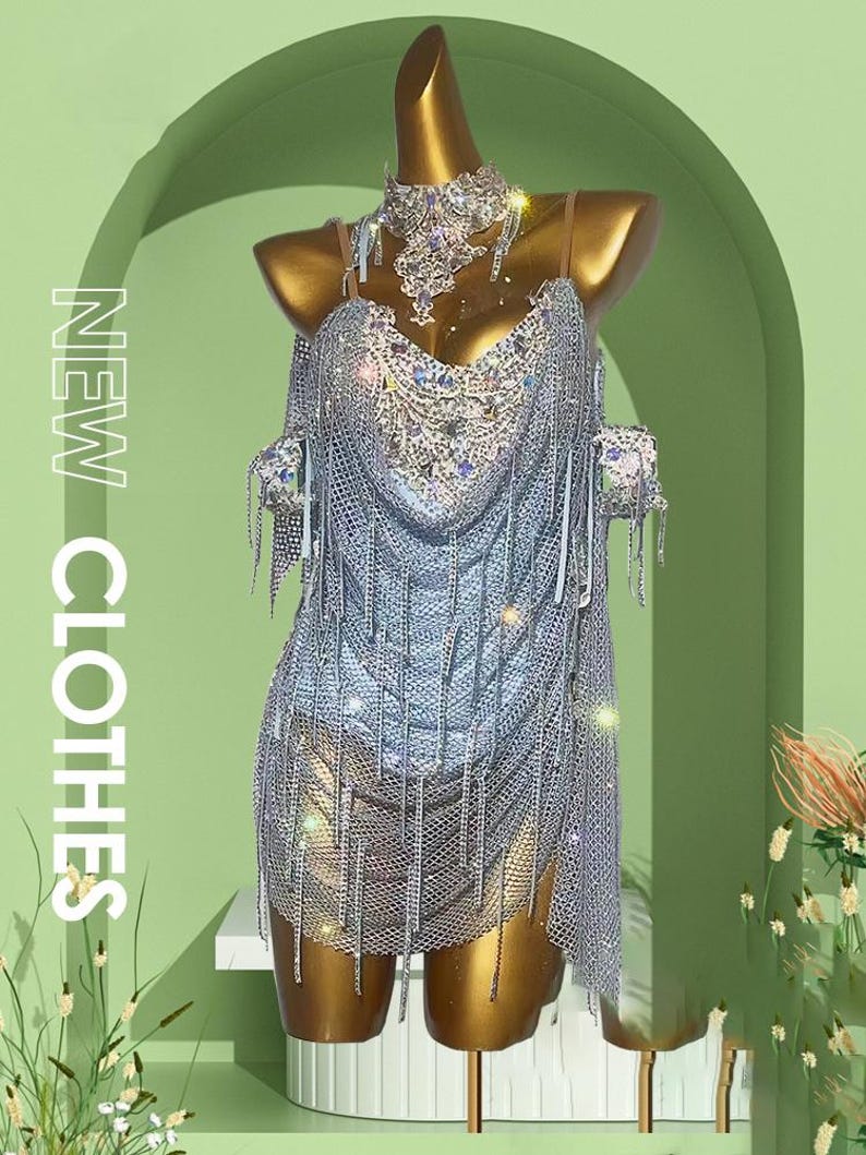May include: A silver, beaded dress with fringe and a matching choker necklace is displayed on a mannequin. The dress has a plunging neckline and is embellished with sparkling rhinestones. The words "NEW CLOTHES" are printed vertically on the left side.