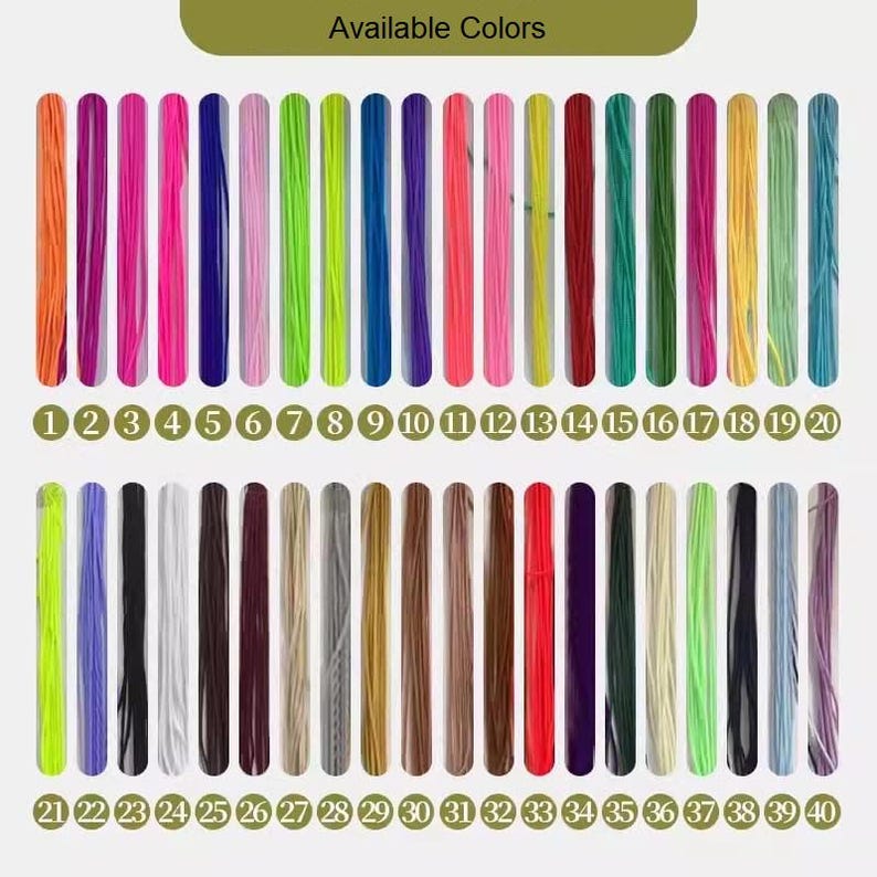 Puede incluir: Imagen que muestra una carta de colores etiquetada como "Colores disponibles". La carta presenta 40 opciones de color diferentes, cada una representada por una l&iacute;nea vertical. Los colores var&iacute;an del naranja al morado, con una variedad de tonos. N&uacute;meros 1-40 debajo.