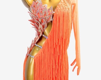 Vestido de baile latino naranja / Traje de actuación AB con flecos y cristales