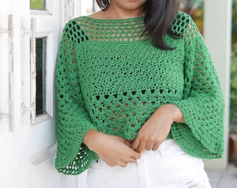 Buy Beginner Lacy Crochet Bell Summer Sleeve Sweater Top PDF - Main Image