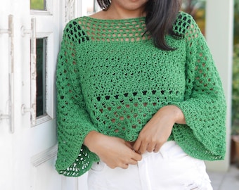 Crochet bell sleeve sweater top pdf pattern with videot tutorial,summer top. bell sleeves top