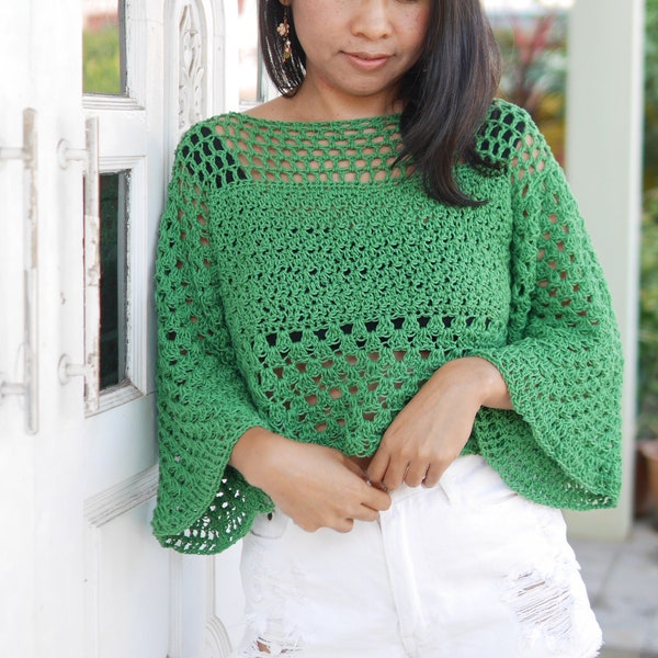 Crochet bell sleeve sweater top pdf pattern with videot tutorial,summer top. bell sleeves top