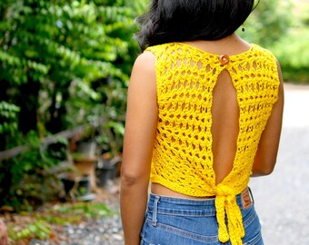 Crochet backless top pattern , sunflower crop top with video tutorial, pdf, open back crochet top, lace top, sexy back crochet top