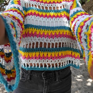 Patrón de crochet para suéter de verano de malla en PDF / Apto para principiantes / Top de hilo de retazos colorido / Hecho a medida / Descarga instantánea