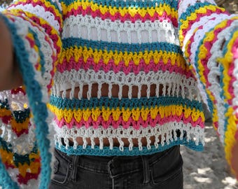 Patrón de crochet para suéter de verano de malla en PDF / Apto para principiantes / Top de hilo de retazos colorido / Hecho a medida / Descarga instantánea