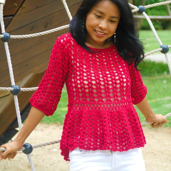 Crochet top pattern, easy breezy ruffle top with video tutorial, peplum top, lace top,pdf,DIY,long sleeve top, 3/4 sleeve top