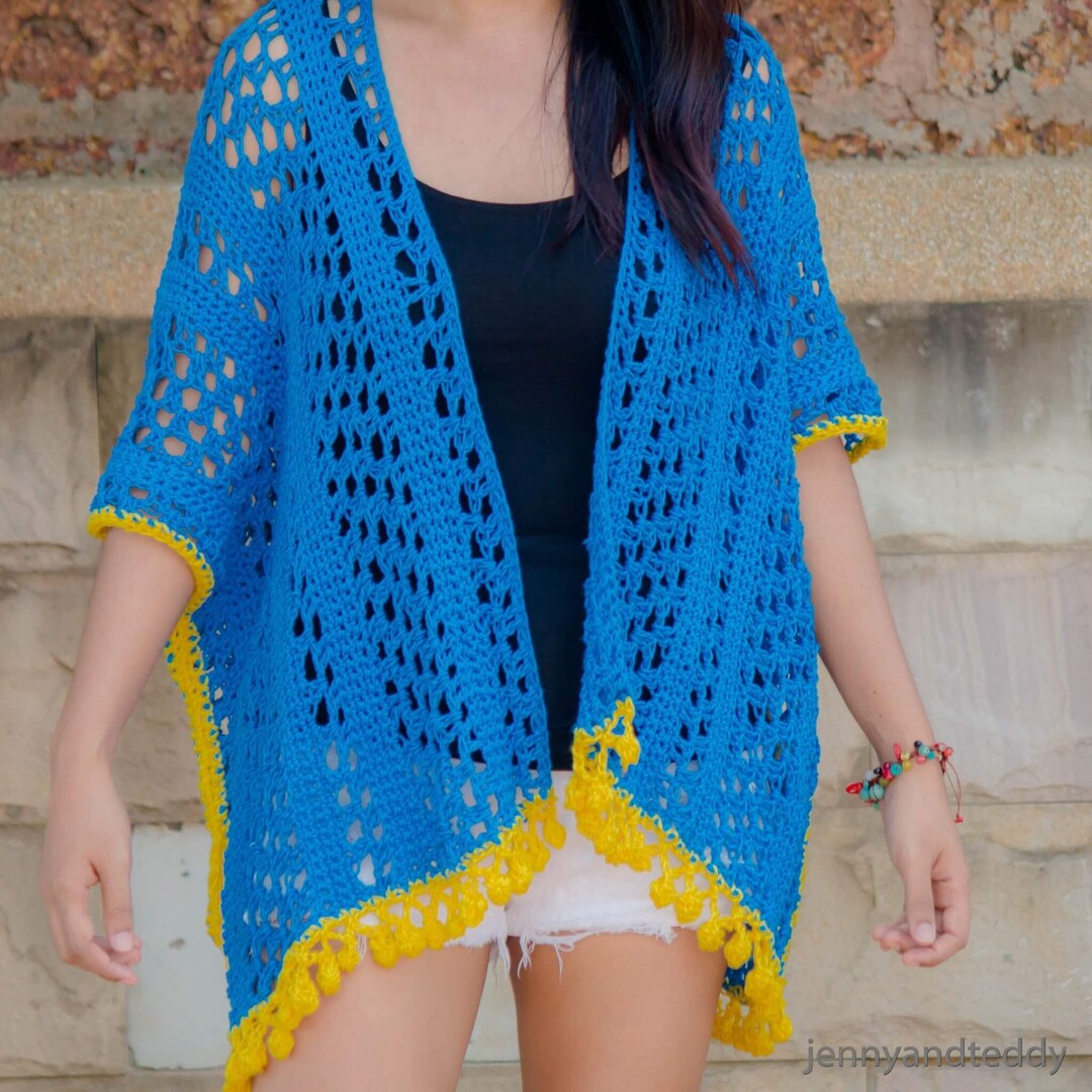 Crochet Lace Kimono With Pom Pom Border Pattern, Pdf With Video