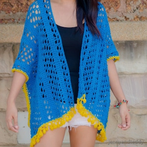 Crochet lace kimono with pom pom border pattern, pdf  with video tutorial. lemon drop kimono cardigan