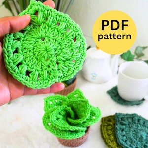 May include: A close-up of a bright green crocheted coaster held in a hand, with a matching crocheted succulent and other coasters in the background. The image includes a yellow circle with the text "PDF pattern".