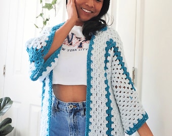 Patrón de crochet en PDF para camisa hexagonal • Top/cárdigan con punto abuela fácil • Patrón ideal para principiantes con videotutorial.