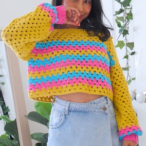 Rainbow Granny Stitch Crochet Sweater Pattern – Easy PDF Crochet Pullover, Colorful Jumper, Beginner-Friendly, Instant Download