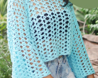 Crochet lacy summer sweater top pdf pattern with videot tutorial,summer top. bell sleeves top