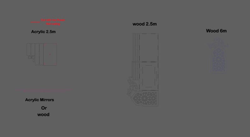 May include: An illustration of architectural designs, including acrylic and wood structures. The image includes text indicating dimensions: Acrylic 2.5m, Wood 2.5m, and Wood 6m. The text "Acrylic Mirrors Or wood" is also present.