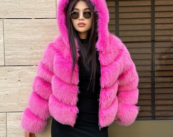 Women’s Pink Fox Fur Jacket, Handmade Luxury Detachable Hood Sleeves Short Fur Coat