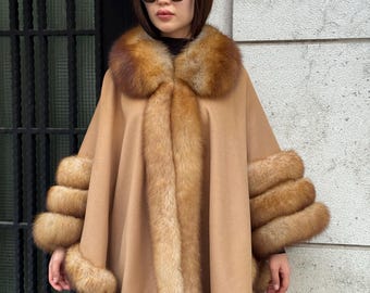 Camel Wool Cashmere Cape Coat with Fox Fur Trim – Luxury Handmade Winter Wrap, Elegant Oversized Shawl Poncho, Plus Size Cloak