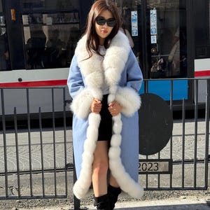 Sky Blue Alpaca Wool Long Coat, Handmade Women Front White Fox Fur Jacket