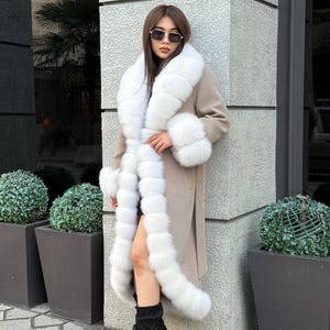 Beige Handmade Women Cashmere Coat With Fox Fur , Luxury Outwear | Natural Cashmere Wool Coat | Soft & Warm – Handmade Women’s Outerwear