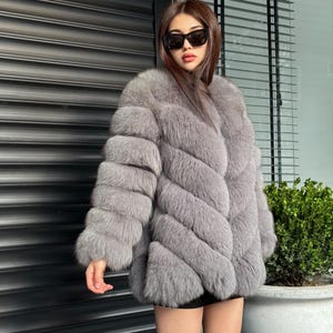 Women Handmade Fox Fur Jacket | Gray Fox Fur Jacket With Removable Sleeves | Genuine Fox Fur Jacket | Gift For Her | Luxury Fox Fur Jacket