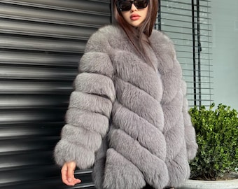 Women Handmade Fox Fur Jacket | Gray Fox Fur Jacket With Removable Sleeves | Genuine Fox Fur Jacket | Gift For Her | Luxury Fox Fur Jacket