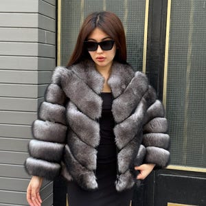 Women Handmade Luxury Fox Fur Jacket | In Beige- Gray Ombre Short Fox Fur Jacket | Natural Fox Fur Jacket |  Luxury Winter Outwear For Women