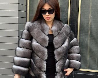 Women’s Gray Fox Fur Jacket, Luxury Chinchilla Color Fur Coat