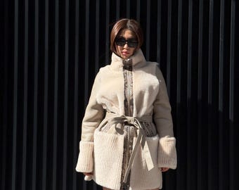 Women’s Beige Shearling Coat, Luxury Lambskin & Mouton Jacket with Python Accents
