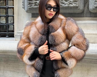 Luxury Women Handmade Fros Fox Fur Jacket | Fox Fur Jacket With Removable Sleeves | Natural Fox Fur Jacket | Luxury Fox Fur Jacket