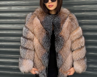 Chaqueta de piel de zorro natural con mangas desmontables / Abrigo y chaleco de piel hechos a mano 2 en 1 / Prenda de abrigo de invierno de lujo para mujer / Regalo para ella