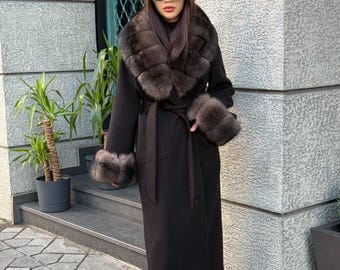 Black Cashmere Collar & Cuffs Fox Fur Jacket, Women Fox Fur Jacket - Collar Fox Fur Jacket. - Sable Brown Fox Fur Cape