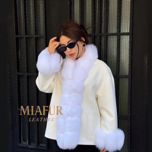 Cream White Cashmere Jacket with Fox Fur Trim | Handmade Women’s Short Wool Coat | Luxury Winter Outwear | Designer Cashmere Fur Jacket
