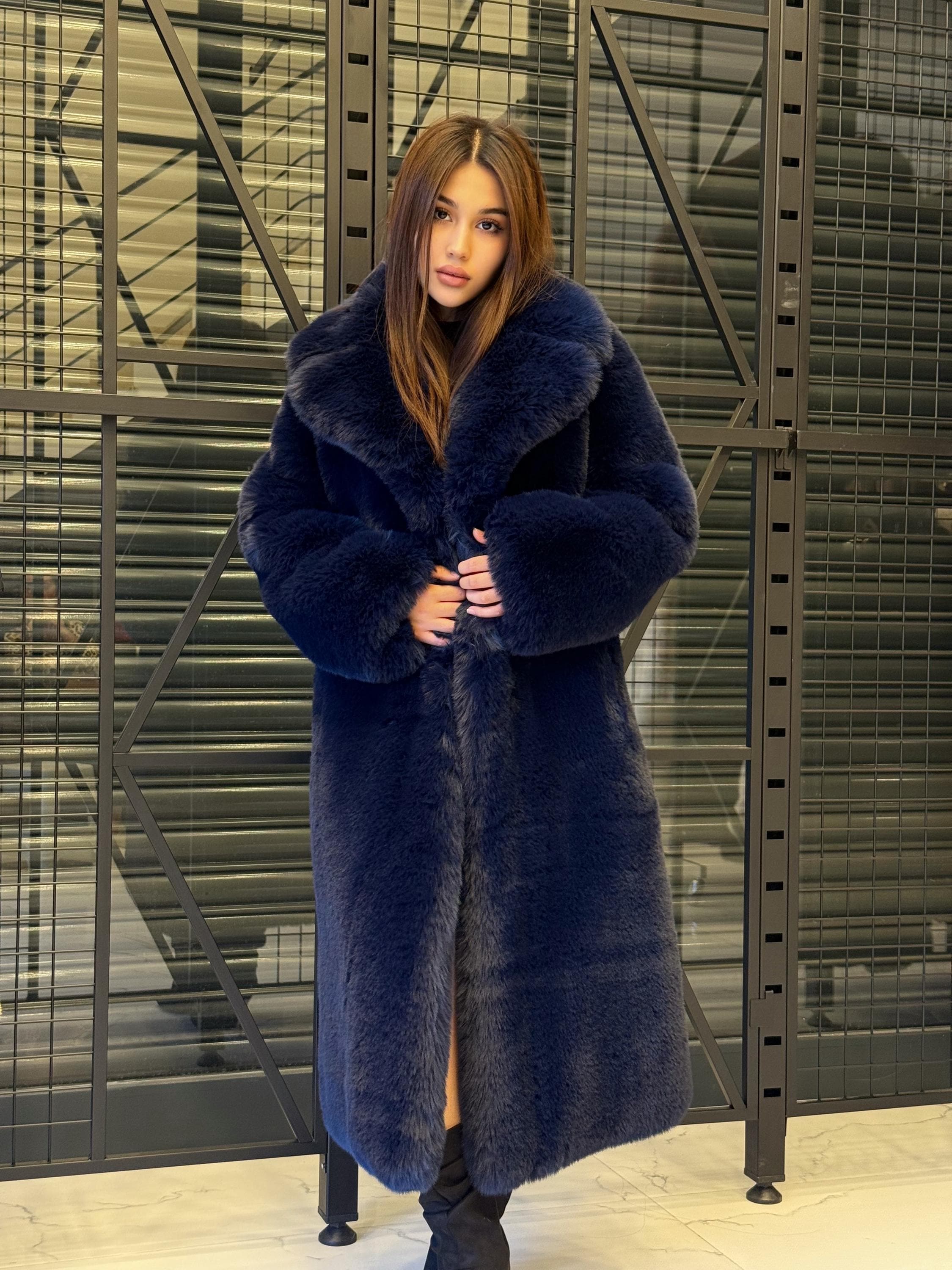 Navy Blue Faux Fur Teddy Coat: Long Vegan Plush Winter Jacket - Etsy