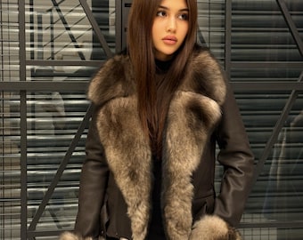Brown Women’s Shearling Coat, Handmade Lambskin Short Front - Fox Fur Jacket