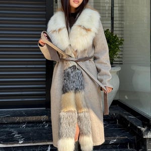 Women Beige Alpaca Wool Coat With Fur Trim, Handmade Luxury Front Fox Fur Jacket