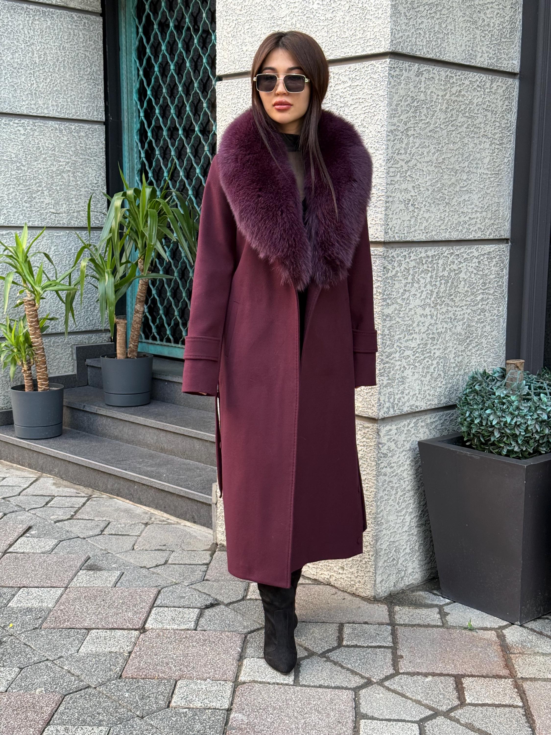 コペンハーゲンファー バーガンディ 7分袖 フーデッド ファーコート LL