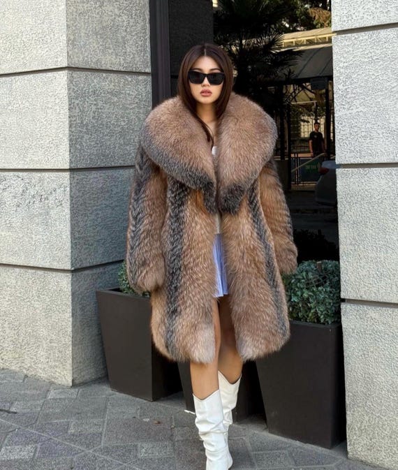 FOX FUR COAT フォックスファーコート リアルファー 超ロング丈 毛皮 Luxury Long Fox Fur Coat, Women's Handmade Golden Frost Fur Jacket